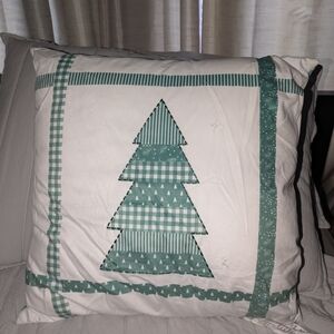 Festive Green and White Holiday Pillow With Tree Design. 18x18